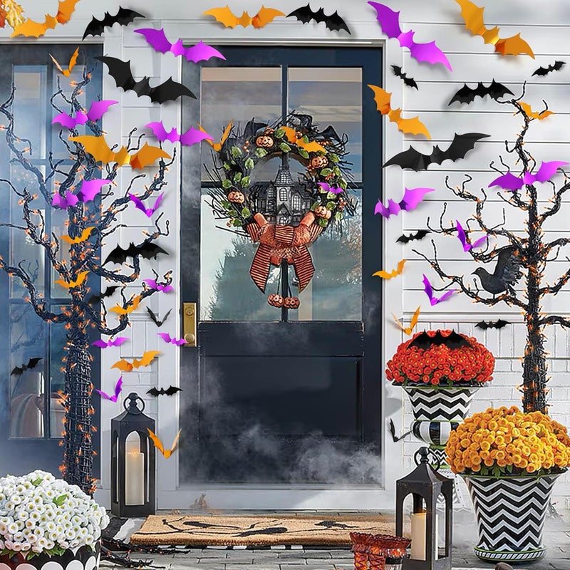 Bamamon 96 Pcs Bats Halloween Decoration Stickers, 3D Bat Wall Decor 5 Size Realistic PVC Black Orange Purple Bats DIY Home Decor Wall Decal Bathroom Indoor Outdoor Window Décor Halloween Party Supplies - Image 5